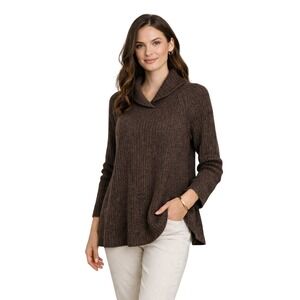 Jaeger Brown Ribbed Wool Sweater Shawl‎ Neck Made in Italy Women's Medium Basic